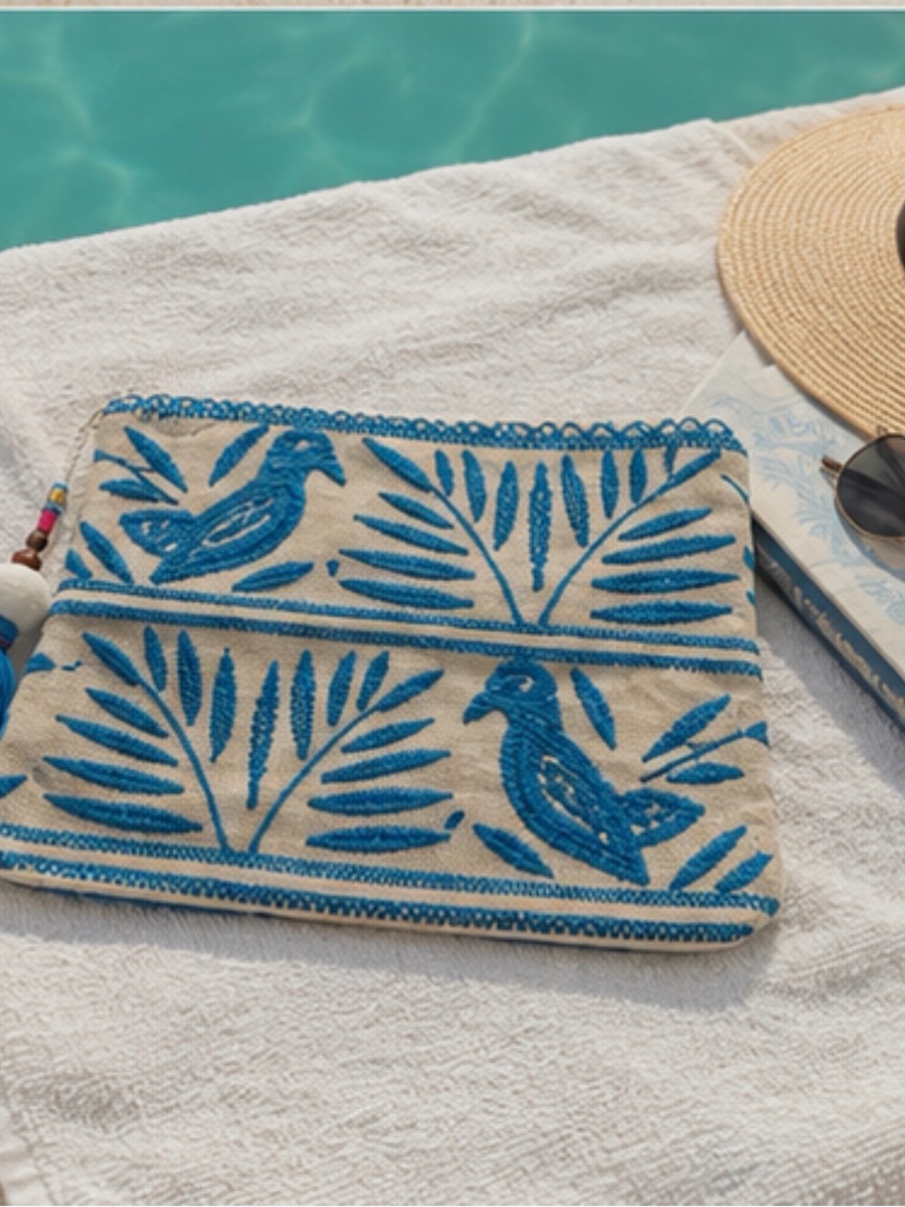Star Mela Blue Embroidered Bird Tassel Boho Canvas Zip Bag 12" x 10" - Picture 2 of 12